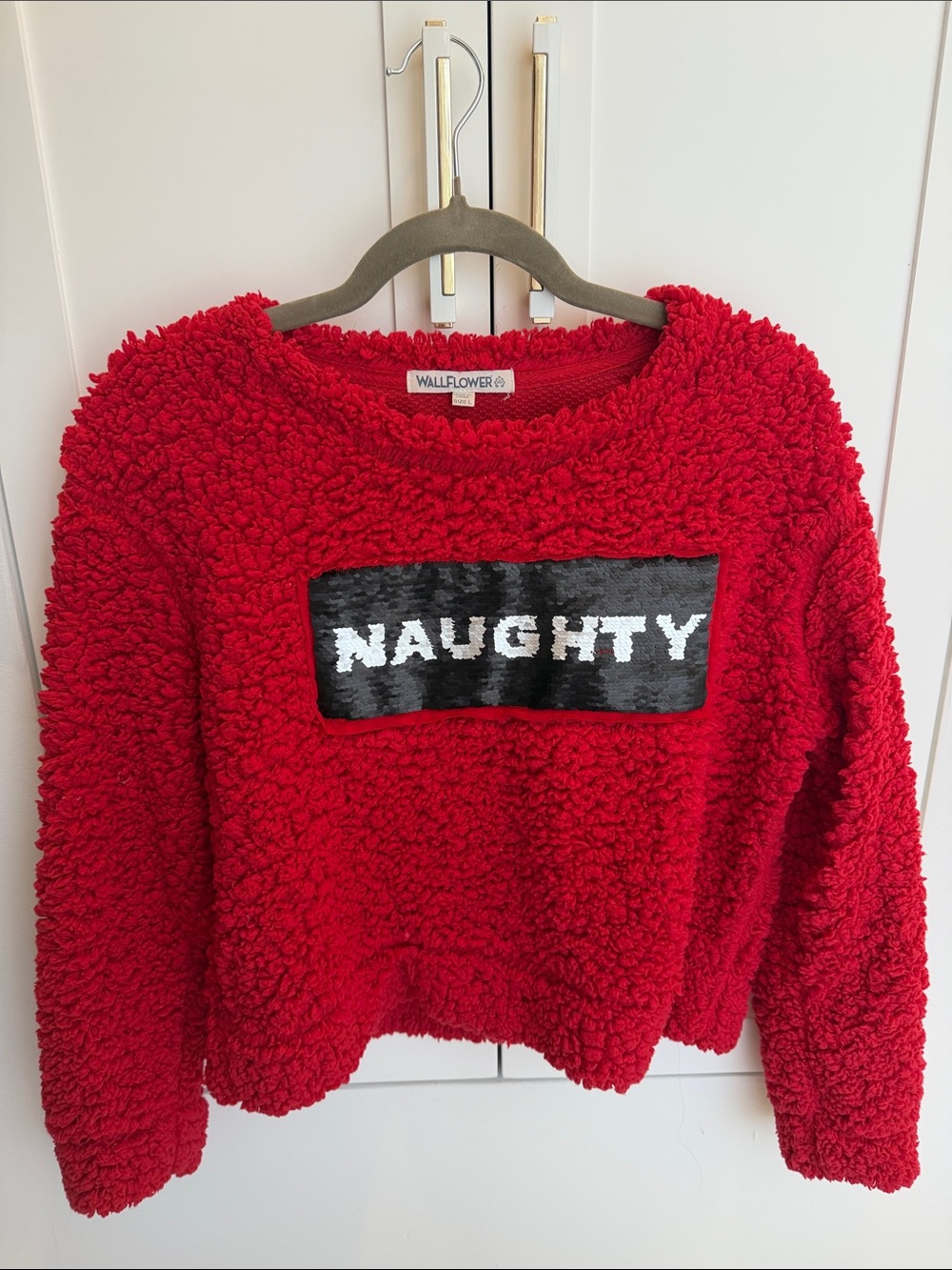 Wallflower Red Sherpa Holiday Pullover with NAUGHTY & NICE Sequin Patch